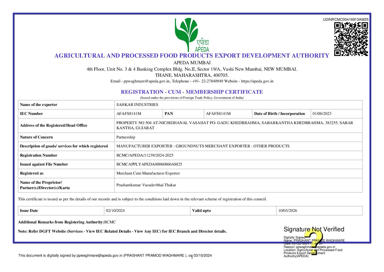 APEDA CERTIFICATE- SAHKAR INDUSTRIES